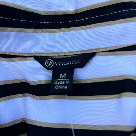 Versona Black Tan White Striped Long Sleeve Button Front Top Womens Medium - Picture 6 of 6